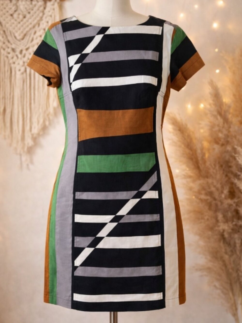 Derek Lam Linen Cotton Geometric Mini Dress 8 Colorblock Modern Boho Chic Blue